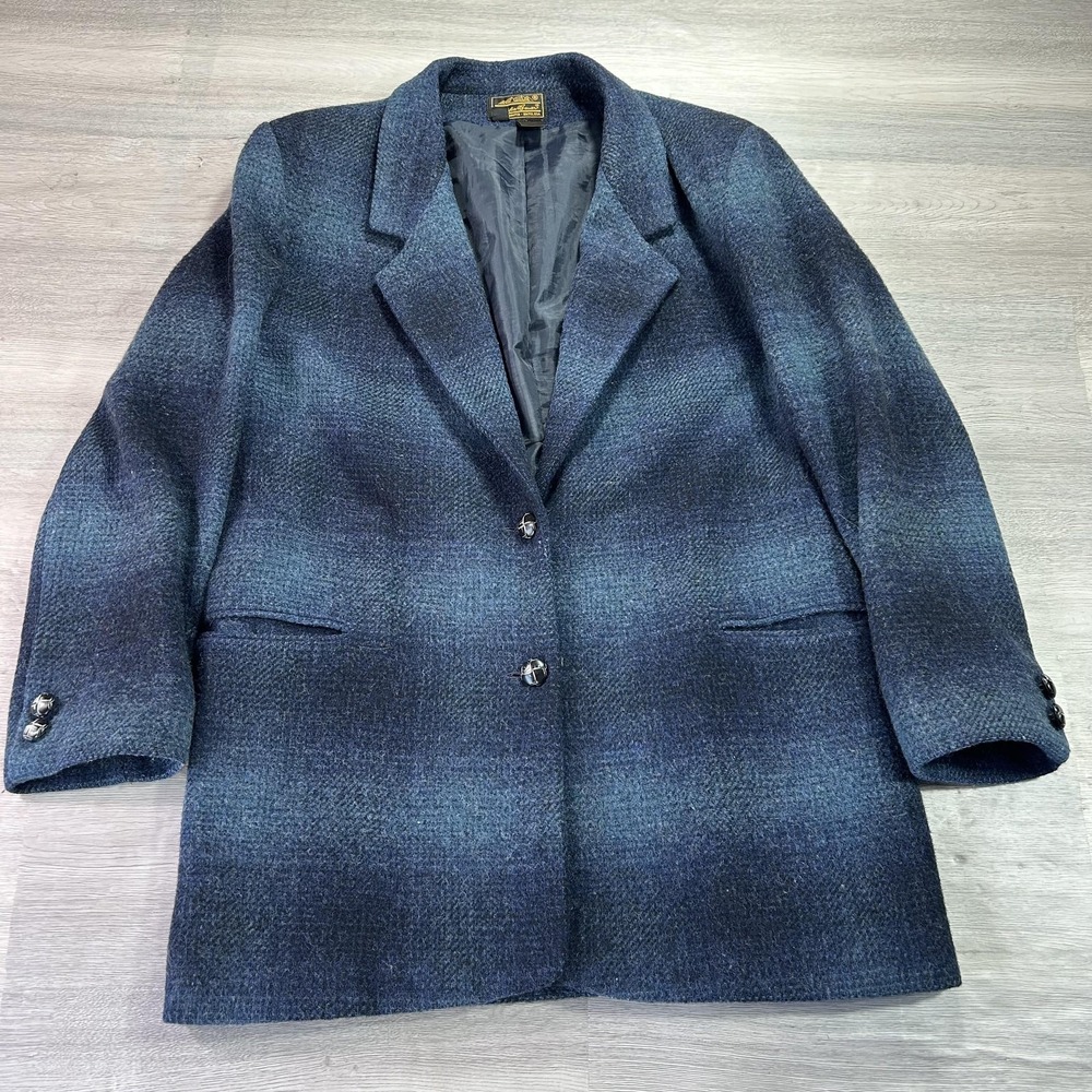 VINTAGE Eddie Bauer Coat Womens Large Blue Wool Herringbone Lined Overcoat